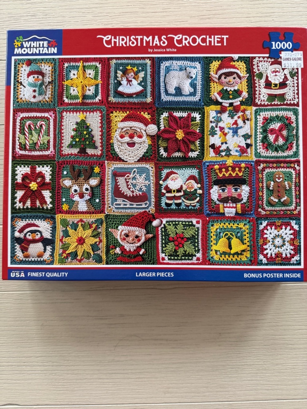 White Mountain Christmas Crochet Puzzle – Red Green Gold Accents